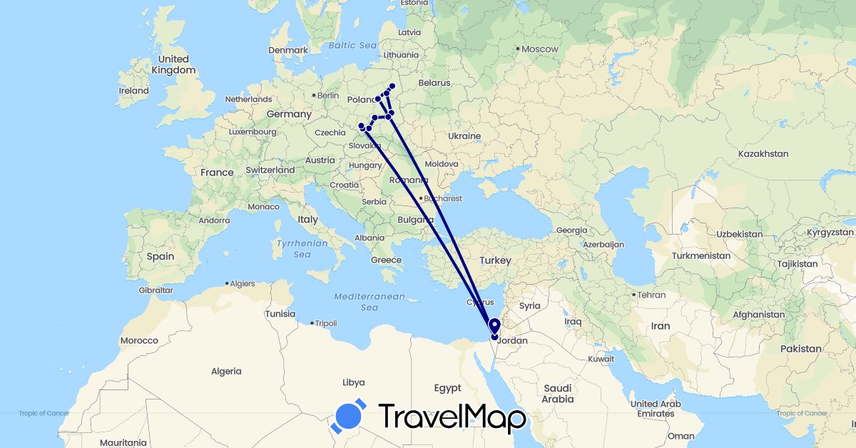 TravelMap itinerary: driving in Israel, Poland (Asia, Europe)